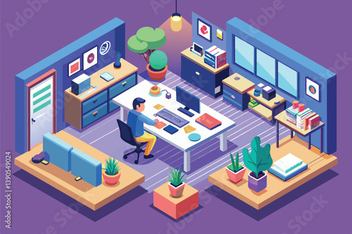 A person sits at a desk in a modern workspace, focused on a computer screen while surrounded by plants and organized shelves, emphasizing a blend of productivity and comfort.