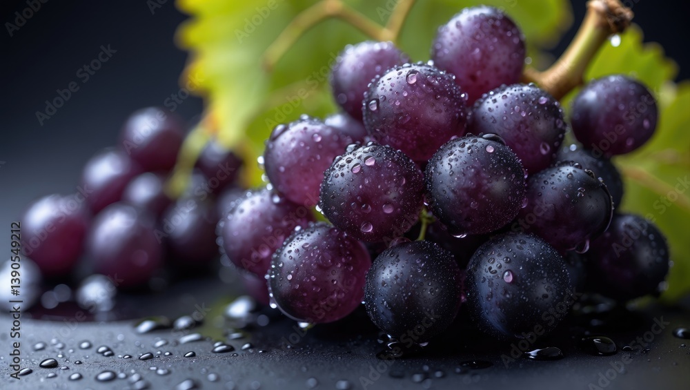 wet grapes on black paper closeup, fresh grapes resting on black paper wet grapes on black paper closeup, fresh grapes resting on black paper