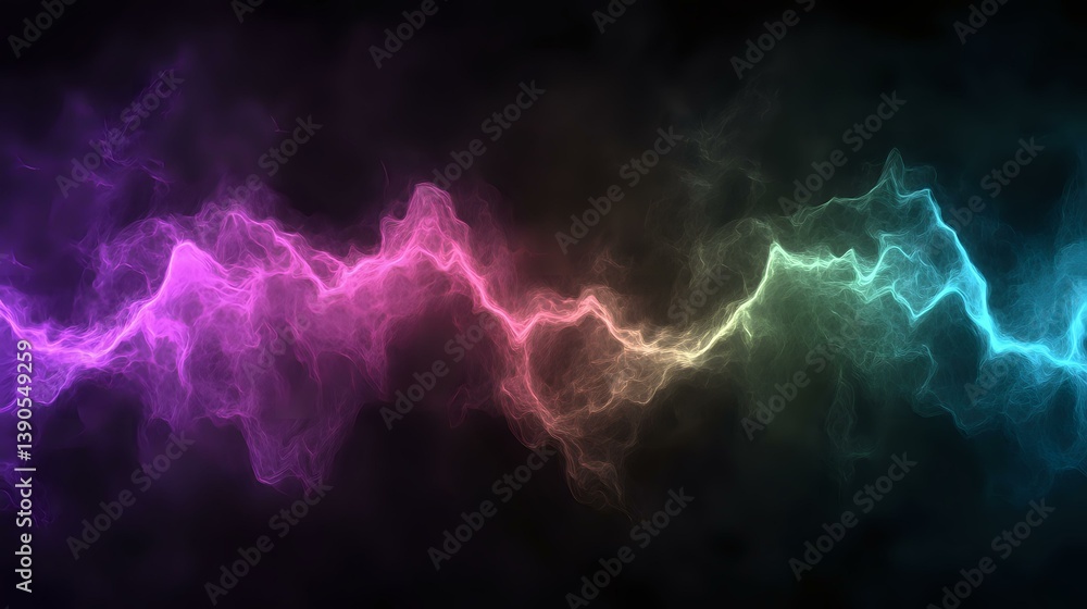 Vibrant energy wave with gradient color transition from purple to blue, glowing neon effect on dark background creates dynamic abstract light pattern.