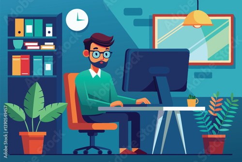 The workspace features a focused man typing on a computer, with lush plants nearby and books neatly arranged on shelves, a clock ticking in the background.