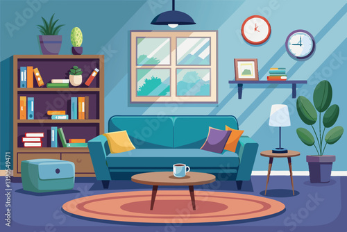 This inviting living room showcases a comfortable teal sofa, a stylish coffee table, and well-organized bookshelves adorned with plants and decorative items, creating a serene atmosphere.