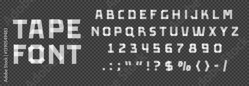 Sticky font, masking and duct tape typeface, adhesive sticker alphabet letters, paper scotch type vector typography set. White sticky paper duct tape font letters and numbers on transparent background