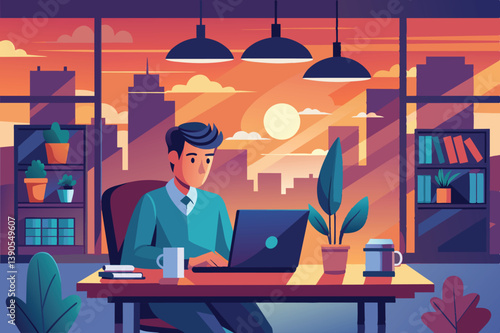 A focused individual sits at their desk using a laptop while sipping coffee, surrounded by houseplants and a stunning sunset view over city buildings.