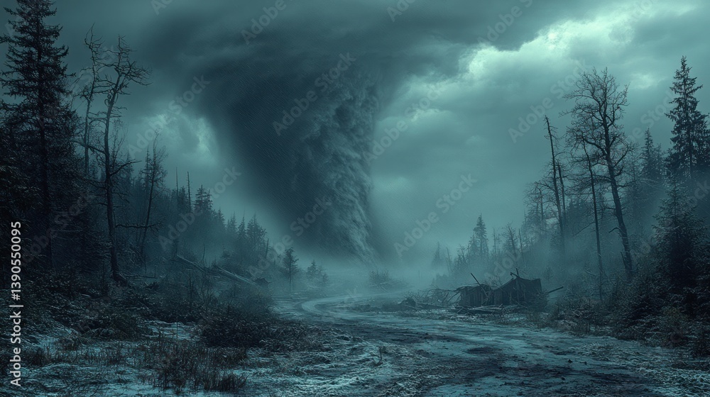 Desolate winter landscape ravaged by a powerful tornado. A deserted road winds through a snow-covered forest, amidst the remnants of damaged buildings, under a stormy sky. Desolate winter landscape ravaged by a powerful tornado. A deserted road winds through a snow-covered forest, amidst the remnants of damaged buildings, under a stormy sky.