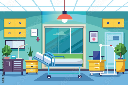 This hospital room features a neatly arranged bed, essential medical equipment, and vibrant plants, creating a welcoming atmosphere for patient care and recovery.