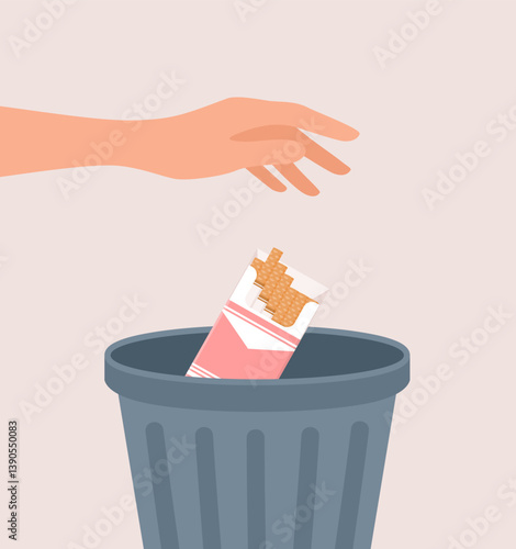 Hand throwing pack of cigarettes into the trash can. Flat vector illustration
