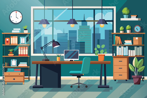 A spacious office showcases a desk with a computer, vibrant plants, and bookshelves, offering a bright view of a city skyline during the day.