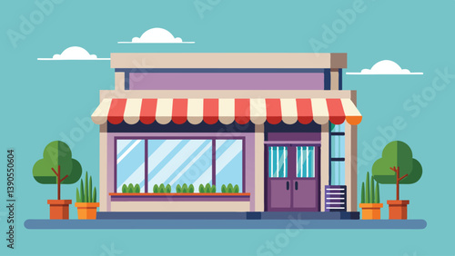 A vibrant storefront showcases large windows adorned with plants and an inviting entrance. Bright colors and striped awnings enhance the lively urban atmosphere.