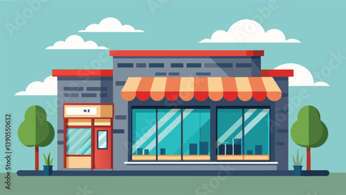 A vibrant retail shop features a red and white striped awning, spacious glass windows, and decorative plants, nestled in a friendly neighborhood under clear skies.