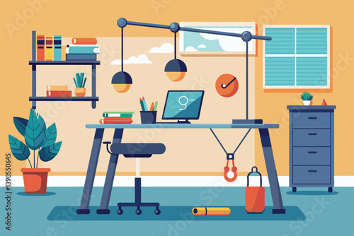 A well-organized home office features a sleek desk with a computer, potted plants, bookshelves filled with items, and a bright atmosphere, promoting creativity and productivity.