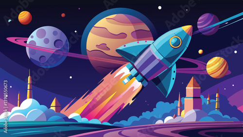 A vibrant rocket propels itself into space, leaving a trail of flames. Surrounding it are colorful planets and whimsical castles under a deep night sky.