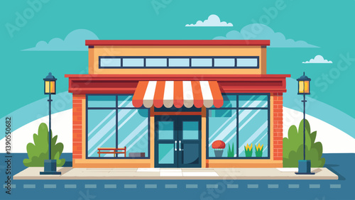 The storefront features large windows displaying colorful decor, an orange striped awning, and planters with flowers, set along a sunny street with lampposts.