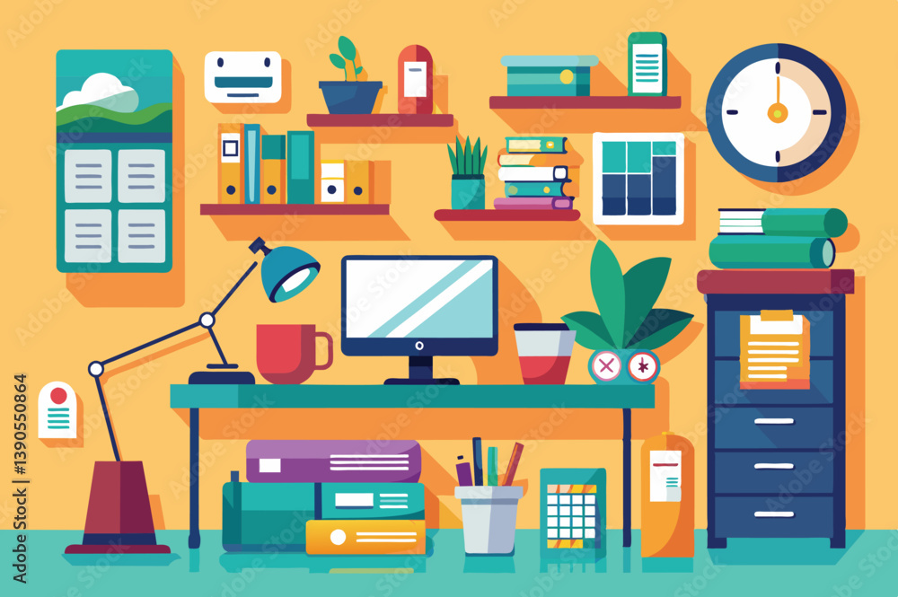 The workspace shows a vibrant desk setup with a computer and desk lamp, surrounded by organized shelves of books, plants, and office supplies, creating an inviting atmosphere. The workspace shows a vibrant desk setup with a computer and desk lamp, surrounded by organized shelves of books, plants, and office supplies, creating an inviting atmosphere.