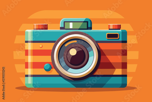 A colorful vintage camera illustration showcases a playful design with vibrant stripes and classic features, appealing to photography fans and art lovers alike.