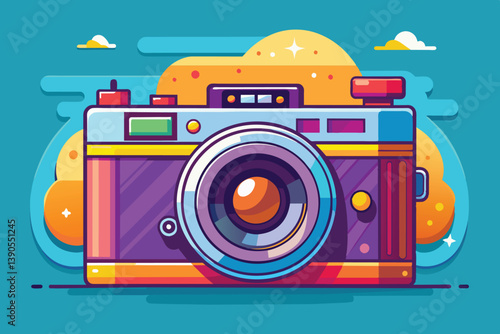 A bright and playful representation of a retro camera outlined against a vivid sky filled with whimsical clouds and abstract shapes, showcasing artistic flair.