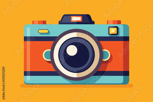 A brightly colored retro camera is centered against a vivid orange backdrop, highlighting the design and features that appeal to photography lovers and collectors alike.