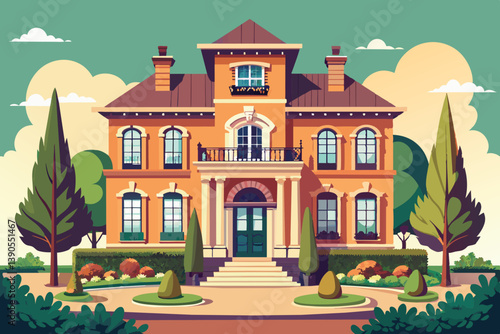 This vibrant orange house features refined architectural details, surrounded by well-maintained shrubs and trees in a bright and inviting environment.