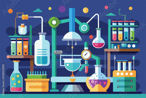 The laboratory is filled with colorful glass containers, test tubes, and scientific instruments used for conducting chemistry experiments, showcasing a vibrant learning environment.