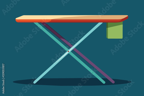 This ironing board features a vibrant design, showcasing a sleek wooden surface and colorful legs, making it an appealing addition to laundry tasks.