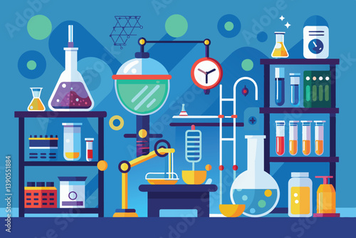 The vibrant display features diverse laboratory equipment, including beakers and flasks, positioned on shelves filled with colorful liquids, suggesting a scientific environment.