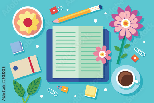 A vibrant workspace features an open notebook surrounded by flowers, colorful stationery items, and a cup of coffee, creating an inviting atmosphere for creativity.