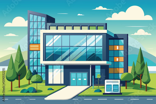 A contemporary office building stands prominently with large glass windows, surrounded by greenery, hills, and a serene sky, showcasing a tranquil working environment.