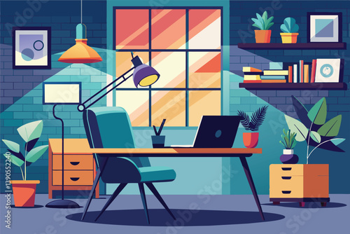 This cheerful workspace showcases a stylish desk setup with a laptop, plants, and decorative items. The large window brightens the room with natural light and vibrant colors.