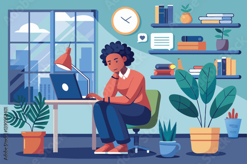 A focused woman is seated at a desk in a bright home office, working on a laptop while surrounded by plants, bookshelves, and a city skyline visible through the window.