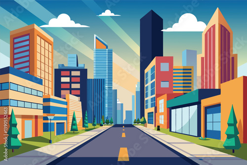 This illustration features a bustling city street with tall skyscrapers and colorful buildings lining the road, complemented by vibrant greenery and a sunny blue sky.