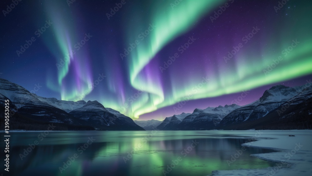 Naklejka premium In the tranquil embrace of the night sky, the muted aurora borealis unfolds like a soft secret. Its delicate shades of light green and gentle violet flow across the horizon, creating a peaceful