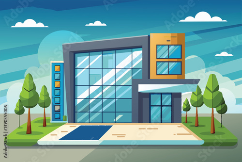 A striking glass-fronted building features contemporary architectural design, surrounded by trees and a pool, set against a backdrop of fluffy clouds.