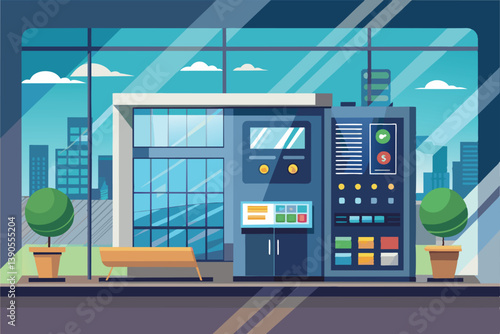 A sleek vending machine stands next to a spacious glass entrance showcasing a vibrant city skyline in bright daylight, inviting passersby to explore.