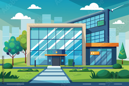 A contemporary office building features large glass windows, surrounded by trees and shrubs, situated in a bustling urban environment under a bright, clear sky.