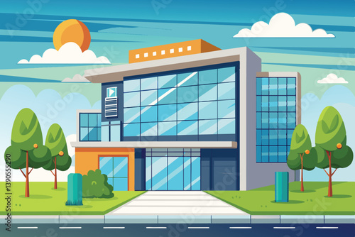 A contemporary office structure features large glass windows and is situated in a vibrant outdoor setting with trees and a sunny sky.