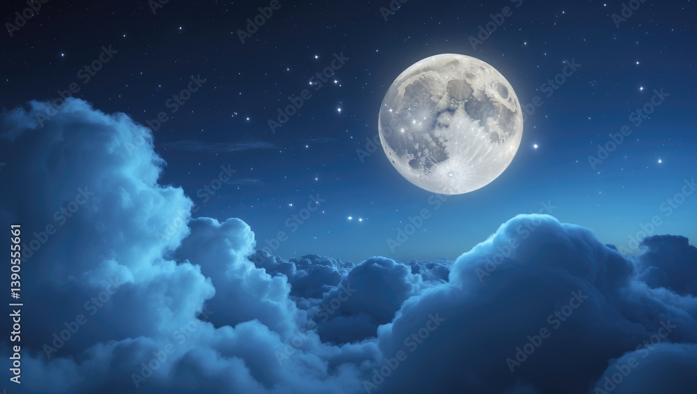 Fototapeta premium Melancholic night sky featuring a full moon and twinkling stars.
