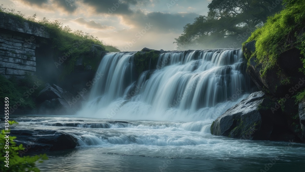 Fototapeta premium Waterfall displaying the water cascading over rocks captured with a long exposure.