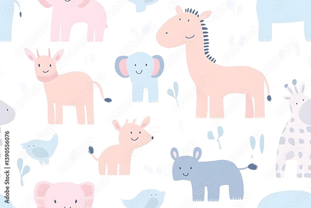 Fototapeta premium Minimalist safari animals in pastel shades, arranged in a playful, repeating pattern, perfect for kids' wallpaper