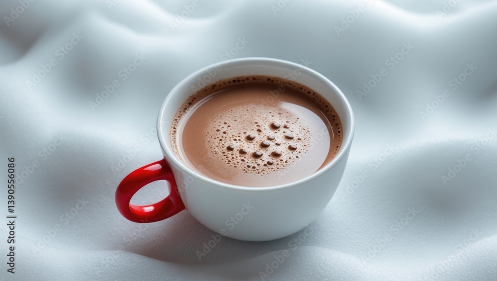 Fototapeta premium Top-down view of hot chocolate in a cup against a white background.