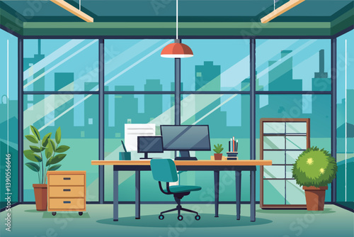 A spacious office is designed with large windows offering a city skyline view, featuring a desk with computers, plants, and ample natural light.