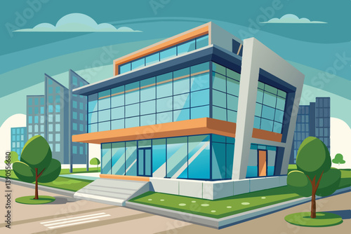 A contemporary building featuring large glass windows and orange highlights stands on a bustling street. Lush greenery and city landscapes complement the aesthetic.