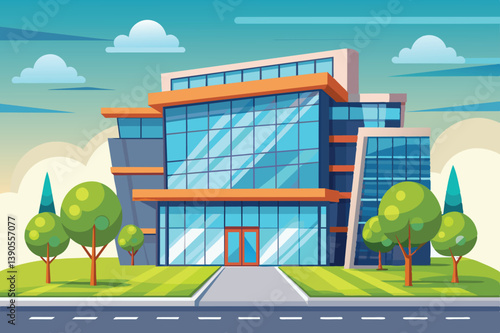 This contemporary office building features a sleek glass faÃ§ade, surrounded by lush greenery and neatly trimmed hedges under a vibrant blue sky.