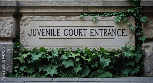 Weathered stone slab sign featuring the words juvenile Court Entrance engraved on it, surrounded by foliage at the bottom, located outside the courthouse for juvenile trials.