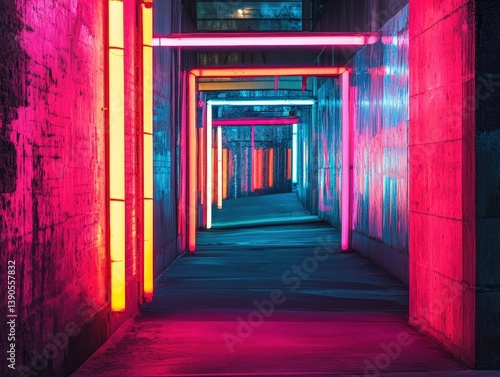 Neon-lit cyberpunk passageway with colorful fluorescent tubes and reflective floor