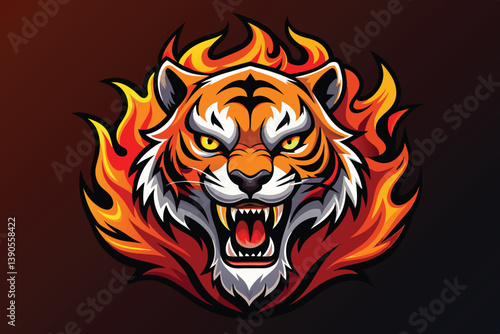 A striking tiger head with bared teeth is set against a vibrant backdrop of flames, emphasizing its fierce expression and dynamic energy.