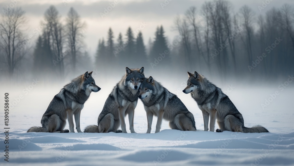 Naklejka premium Timber wolves or grey wolves Canis lupus, grouped on a white background, timber wolf pack gathered in the falling snow.
