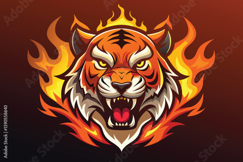 A striking tiger head appears amidst vibrant flames, capturing a sense of intensity and ferocity. The design emphasizes the animal's fierce expression and detailed fur.