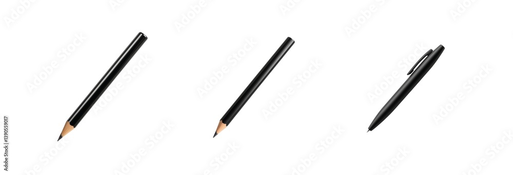 Black pencil and pen in various positions isolated for design and writing concepts Black pencil and pen in various positions isolated for design and writing concepts