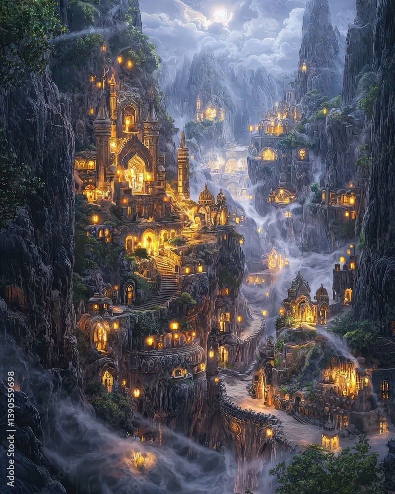 Fototapeta premium Mystical mountain city with illuminated temples and dramatic cliffside architecture