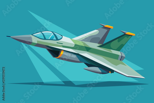 The illustration captures a modern fighter jet soaring through the sky, displaying its aerodynamic design and sharp contours against a bright blue backdrop.