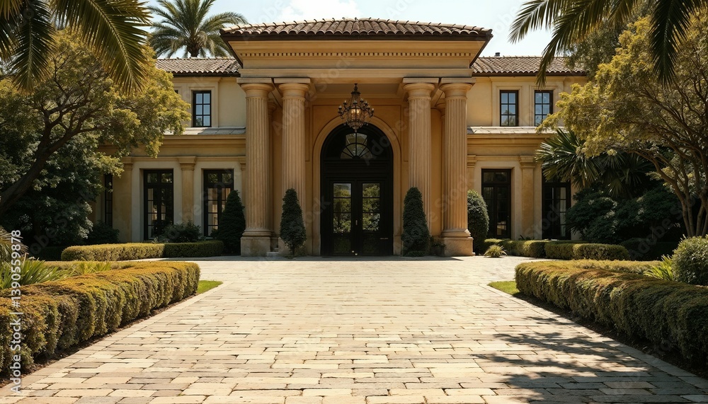 Luxury mansion entrance with grand columns, lush landscaping, and a paved driveway, realtor demo material
